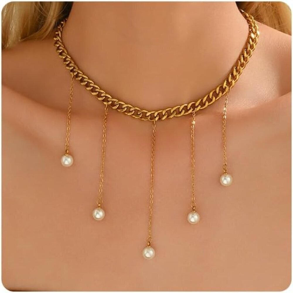 🆕 Women Gold Bow Pearl Choker Necklace Dainty Fruit Charms Cherry Cuban Jewelry